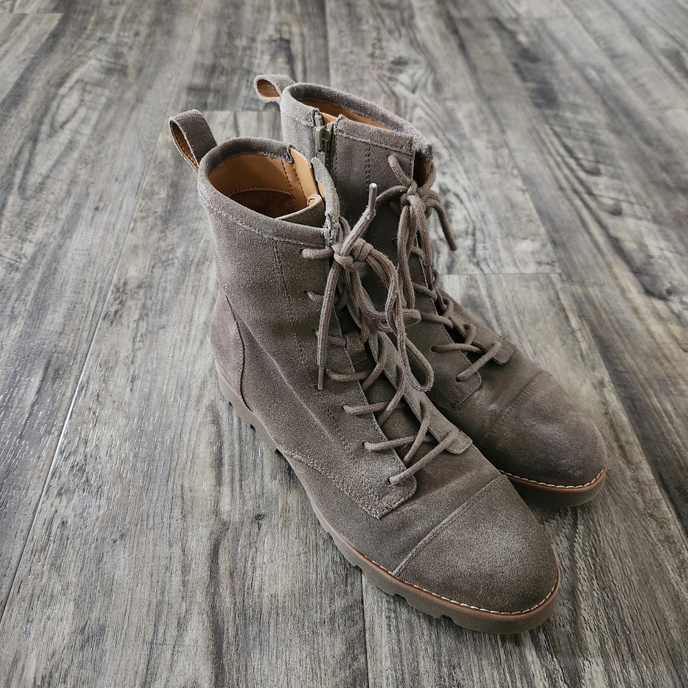 Vionic Lani Suede Side Zip Women's Lace-Up Combat Boots Greige/Taupe
